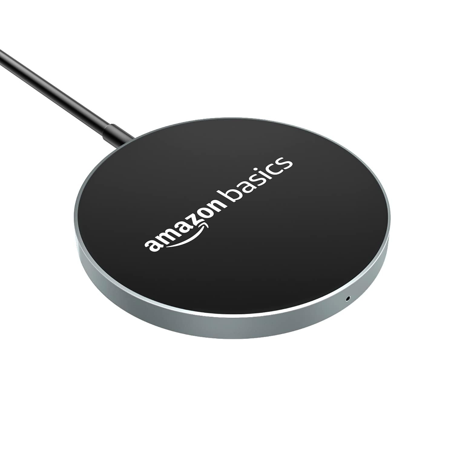 Amazon Basics Magnetic Wireless Charger | 15W Fast Charging Circular Pad | for iPhone 13/13 Pro/13 Mini/13 Promax/12/11, Samsung Galaxy S21/S20/Note 10/Edge Note 20Ultra/S10, Airpods Pro, Silver