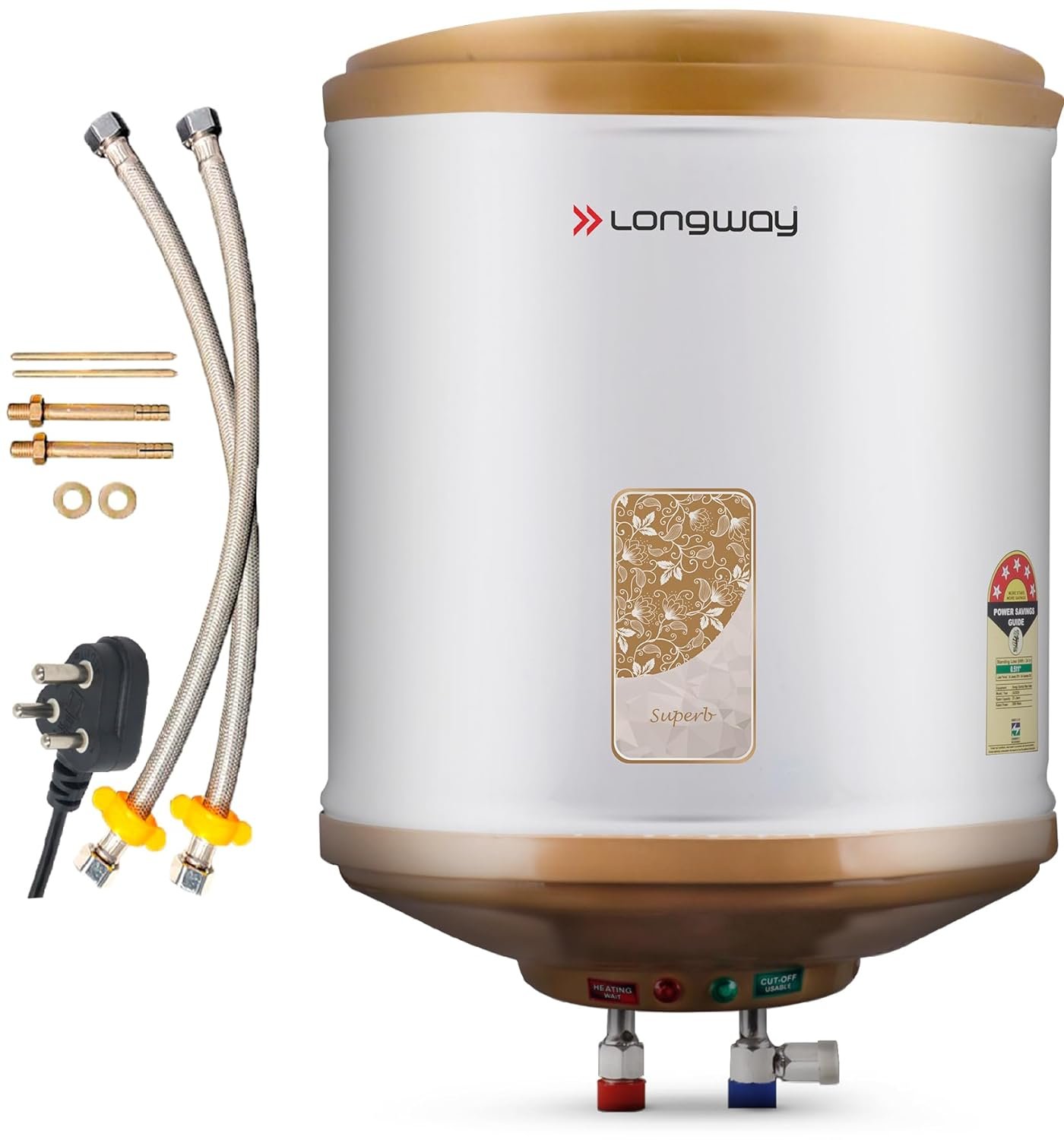 Longway Superb 25 ltr with Free Installation Kit Automatic Storage Water Heater with Multiple Safety System & Anti-Rust Coating 5 Star Rated (Ivory, 25 Ltr, Pack of 1)