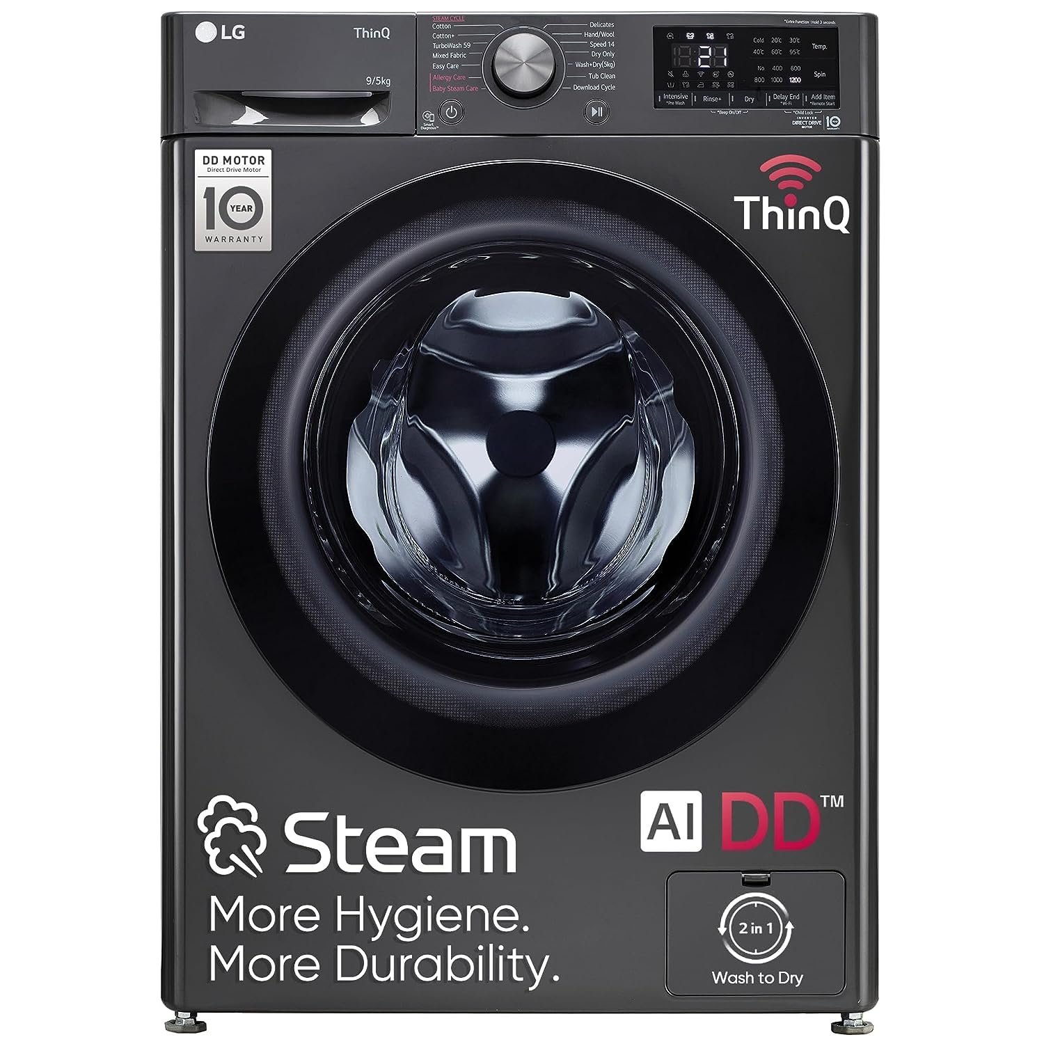 LG 9 Kg (Wash) / 5 Kg (Dry), Ai Direct Drive Technology, Steam, TurboWash & Wi-Fi Fully Automatic Front Load Washer Dryer (FHD0905SWM, Intelligent & Convenient Fabric Care, Allergy Care, Middle Black)