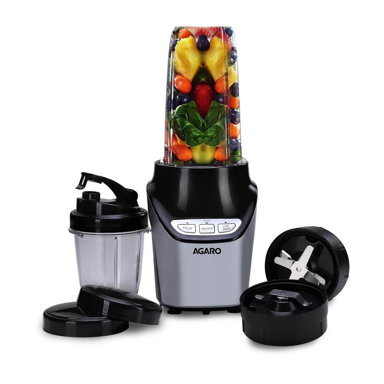 AGARO Marvel Nutri Blender, BPA Free 2 Tritan Jars, 1000W, 100% Copper Motor, 2 Speed Modes with Pulse, Detachable Base, Stainless Steel Blades, Blend, Mix, Grind, Smoothie, Juice Maker, Black