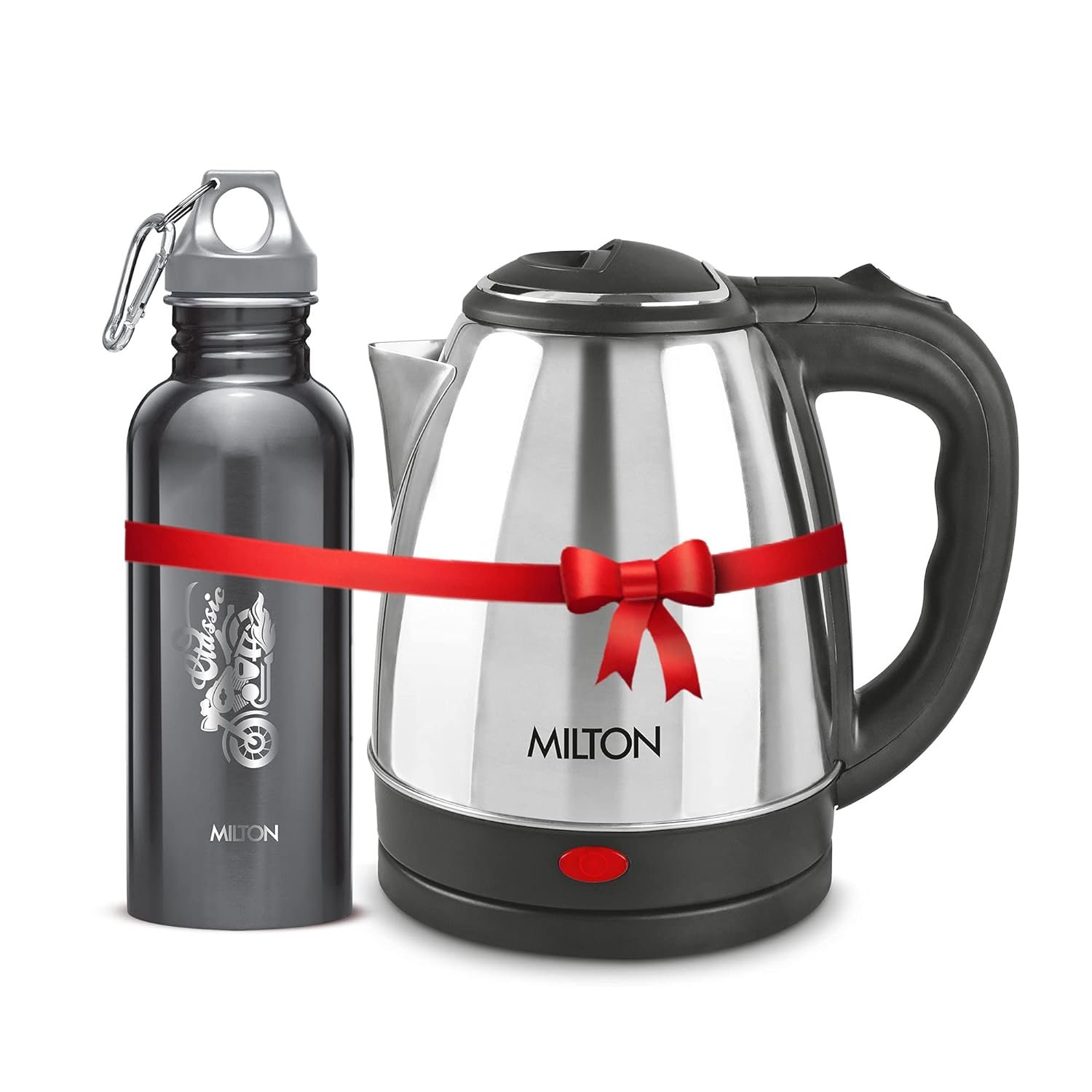 Milton Euroline Combo Set Go Electro Stainless Steel Electric Kettle, Silver, 1.2 Litre, 1 Piece And Alive Stainless Steel Water Bottle, Black, 750 Ml, 1 Piece – 1500 Watts