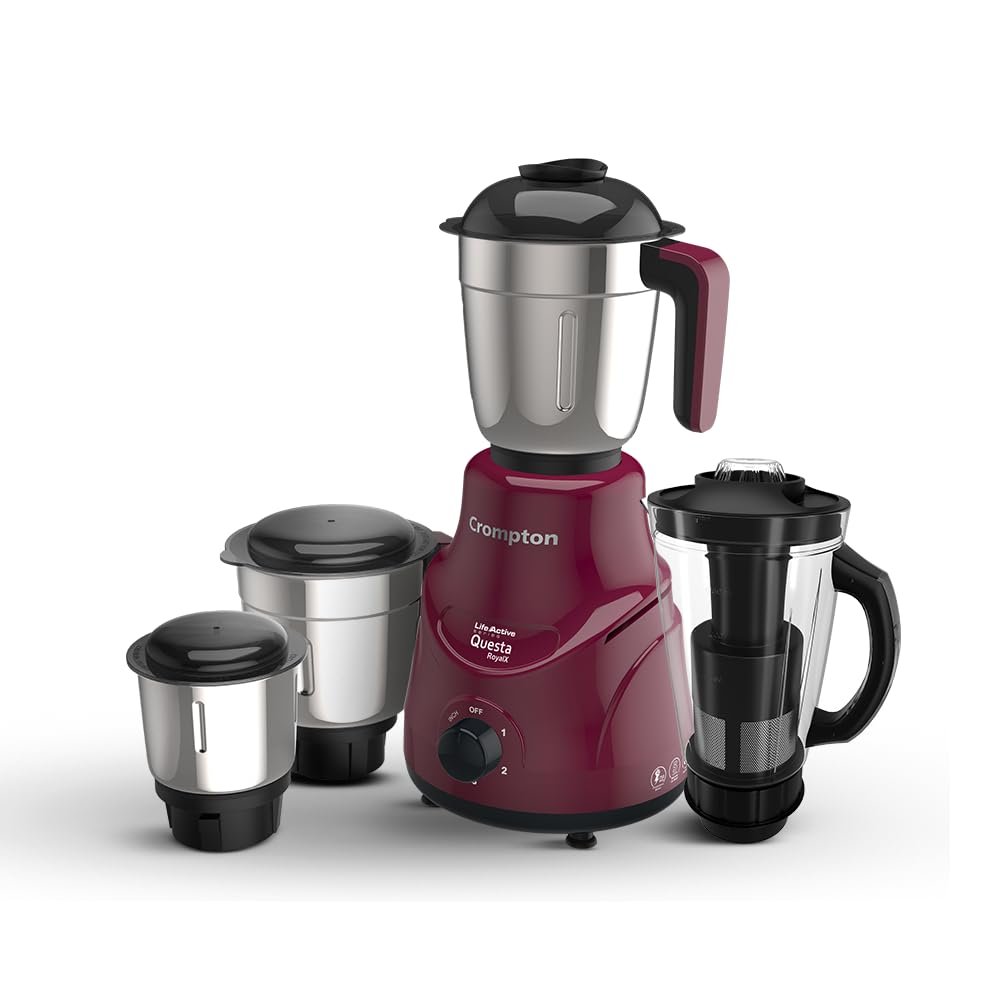 Crompton QUESTA ROYALX 750-Watt Mixer Grinder with Powertron Motor & Motor Vent-X Technology (3 Stainless Steel Jars, 1.5L Blender Jar with Fruit Filter, Beetroot)