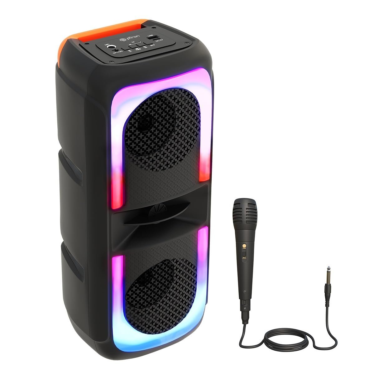 pTron Fusion Beats 40W Karaoke Bluetooth Party Speaker, Loud & Clear Stereo Sound, RGB Lights, 3 mtr Wired Mic, BT/USB/SD Card Playback & Type C Charging (Black)