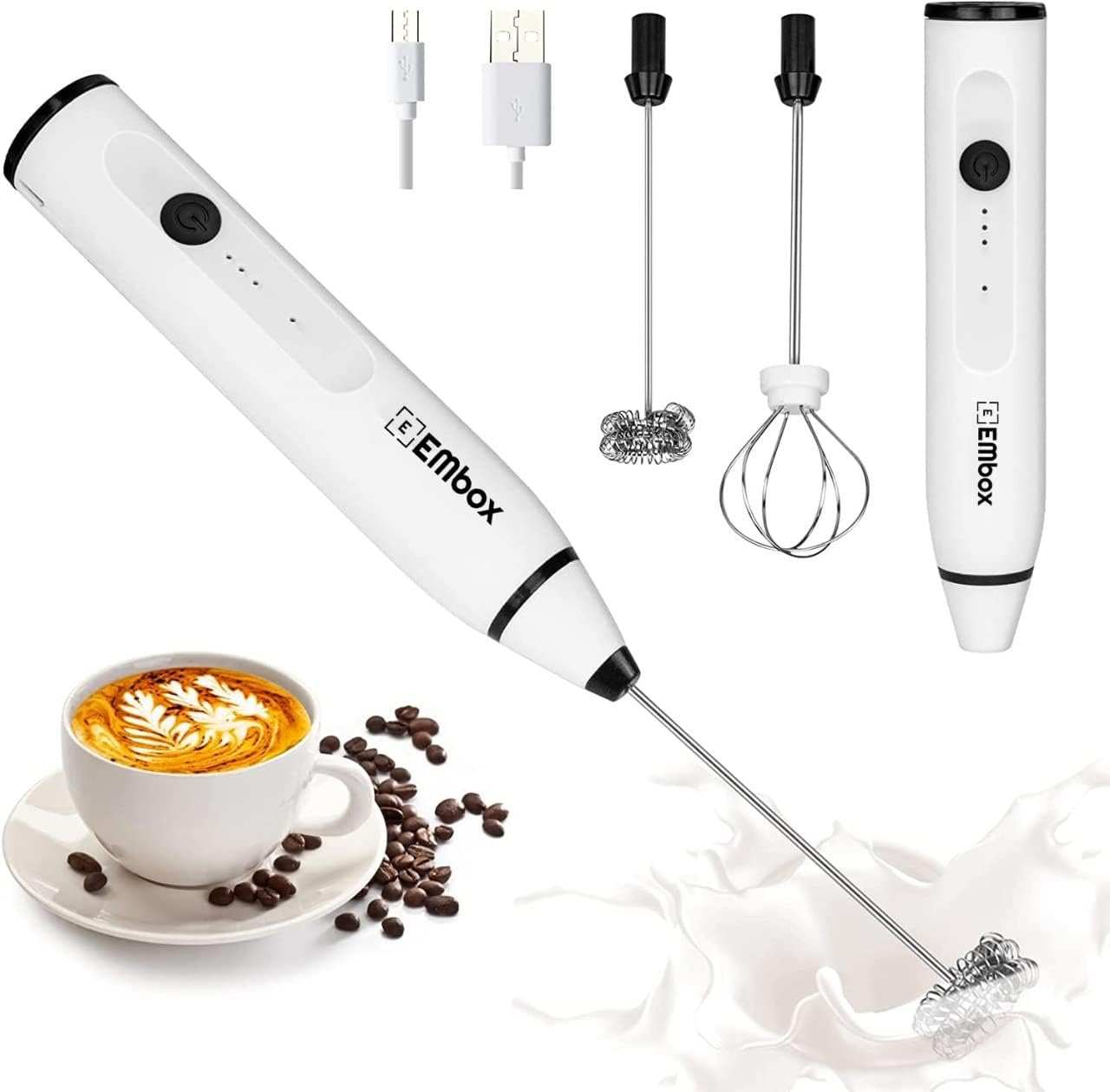 Embox Coffee Frother Electric with 3 Powerful Speeds-USB Rechargeable Coffee Blender/Coffee Beater for Cappuccino Coffee Milk Egg Cream-­Handheld Electric Whisker (2 Detachable Whisks- White)