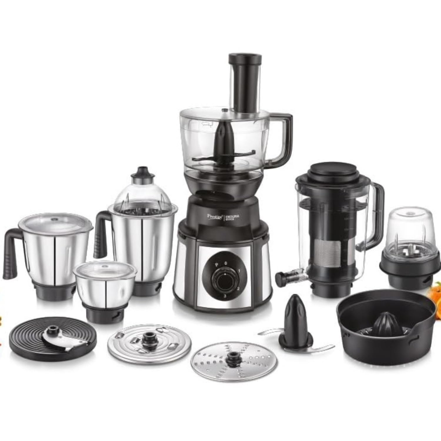 Prestige Endura Pro 1000W Multi Functional Mixer Grinder With Ball Bearing Technology|6 Jars With Food Processing Attachments |14 Different Functionalities|Black & Silver – 1000 Watts