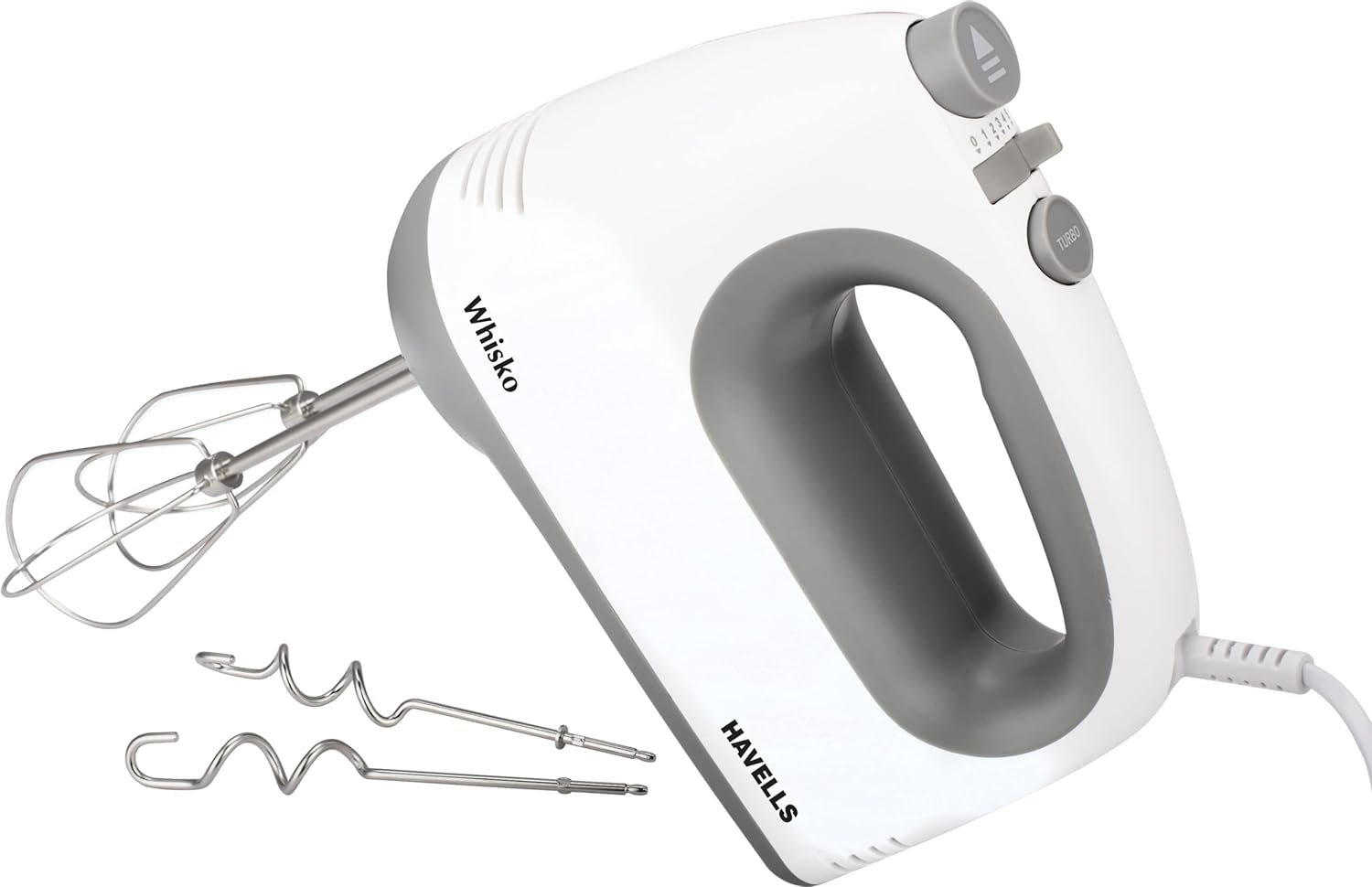 Havells Whisko 300 watt Hand Mixer with Single Eject Button, 5 Speed Turbo Function, Stainless Steel Hooks, 1.5m Long Cord, 1300 RPM & 2 Years Warranty (White Grey)