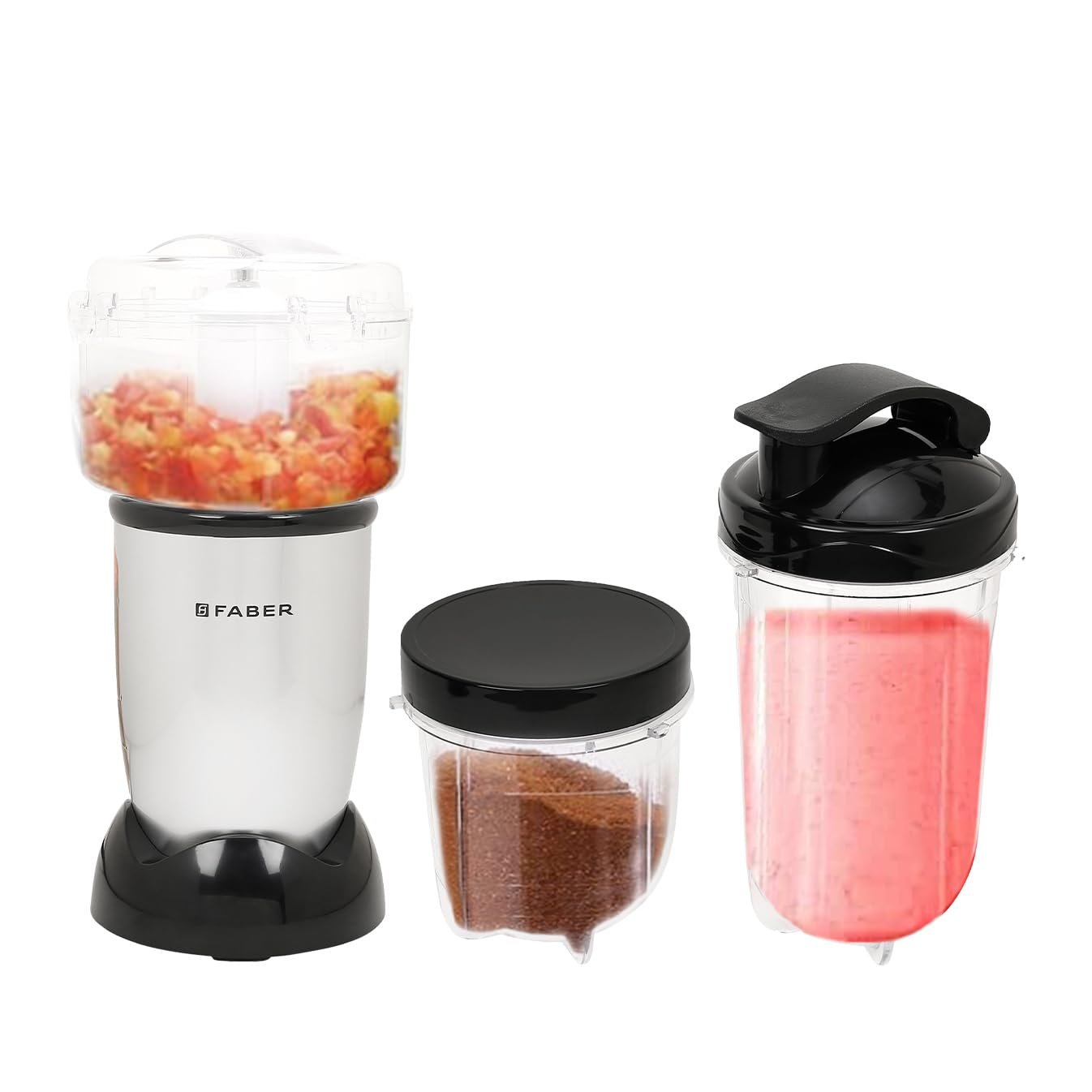 Faber 3-In-1 Sportz Blender |Chopping Jar, Smoothie & Grinding Jar (Wet & Dry)| Abs Body, Detachable Ss Blades, 400 Watts Motor, 1 Sipper Cap & 3 Lids, 2 Spill Proof Jars & 1 Chopping Bowl| (Silver)