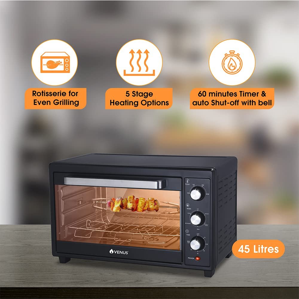 Venus 45 Litre Oven Toast Grill/OTG | Illuminated Chamber, Motorised Rotisserie and Convection | 5 Stage Heating Function, 1800 W, Black