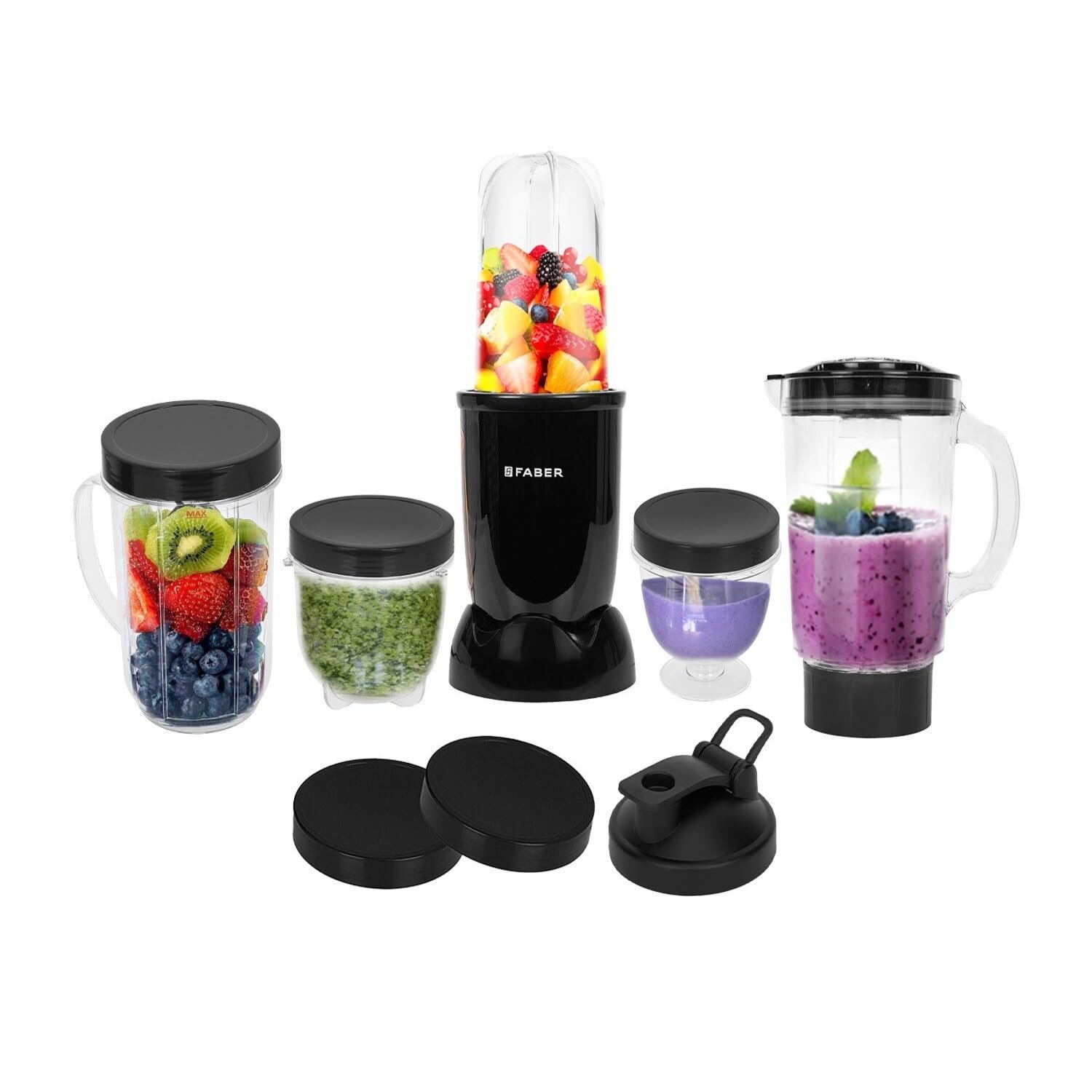 Faber Sportz Blender FSB 5-in-1 Nutrifit Nero|400W|100% Copper Motor|Detachable SS Blade|5 PC Jars 1L+500ML+500ML Mug+300ML+300ML Dessert Cup|Dry & Wet Grinding|Nutri Blender|2 Year Warranty by Faber