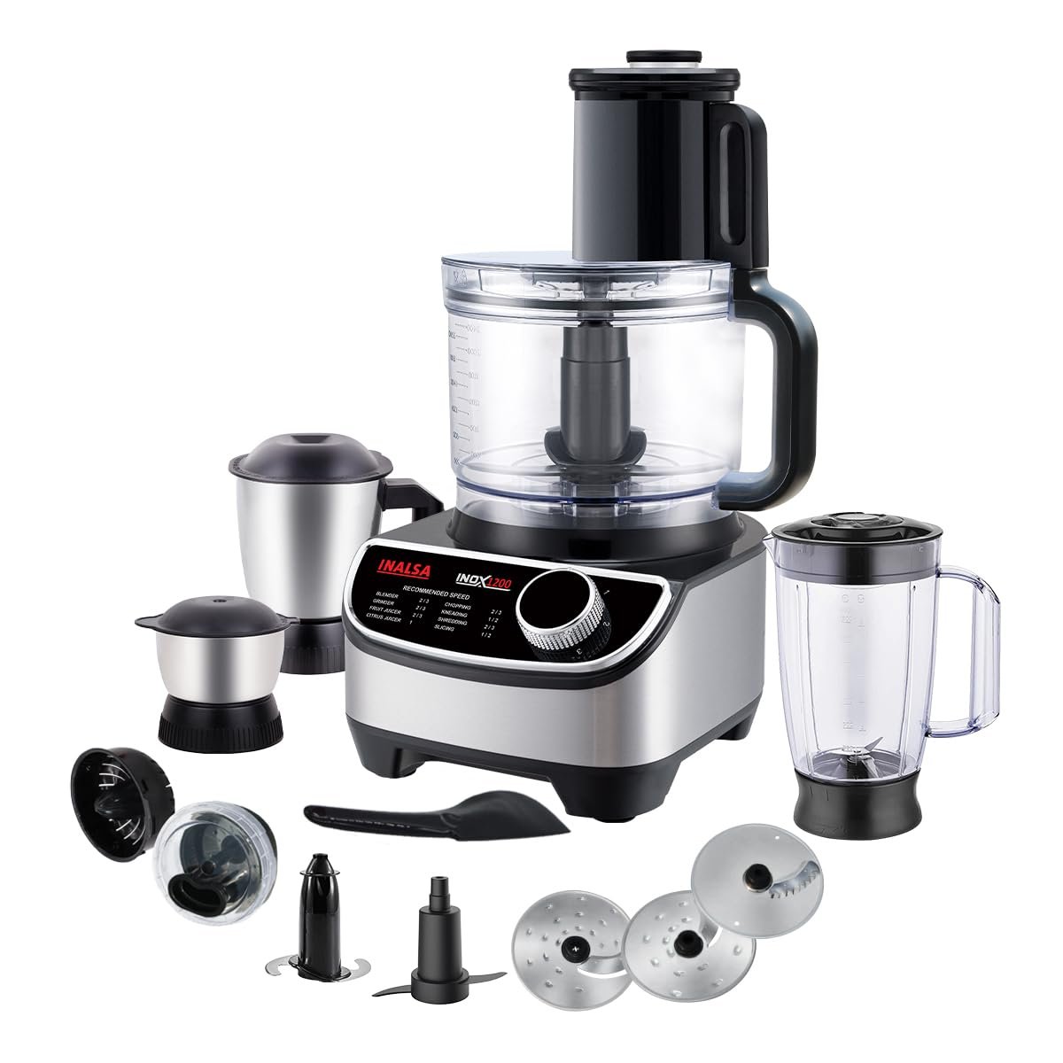 INALSA food processor for kitchen with Mixer Grinder Juicer|1200 Watt Copper Motor|3 Jars|2.5 L Processing Jar|Chopping & Kneading Blade|Centrifugal/Citrus Juicer|Shredding|Slicing-INOX 1200