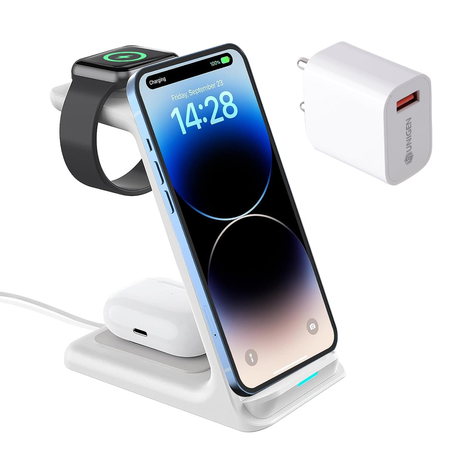 UNIGEN UNIDOCK 250 3-in-1 Wireless Charging Stand [with Adapter] 23W Type-C PD for iWatch SE/7/6/5/4/3/2 | AirPods 2/3/Pro | iPhone 15/14/13/12/12/11/11 Pro Max/XR/XS Max/Xs/X & Qi Devices (White AD)