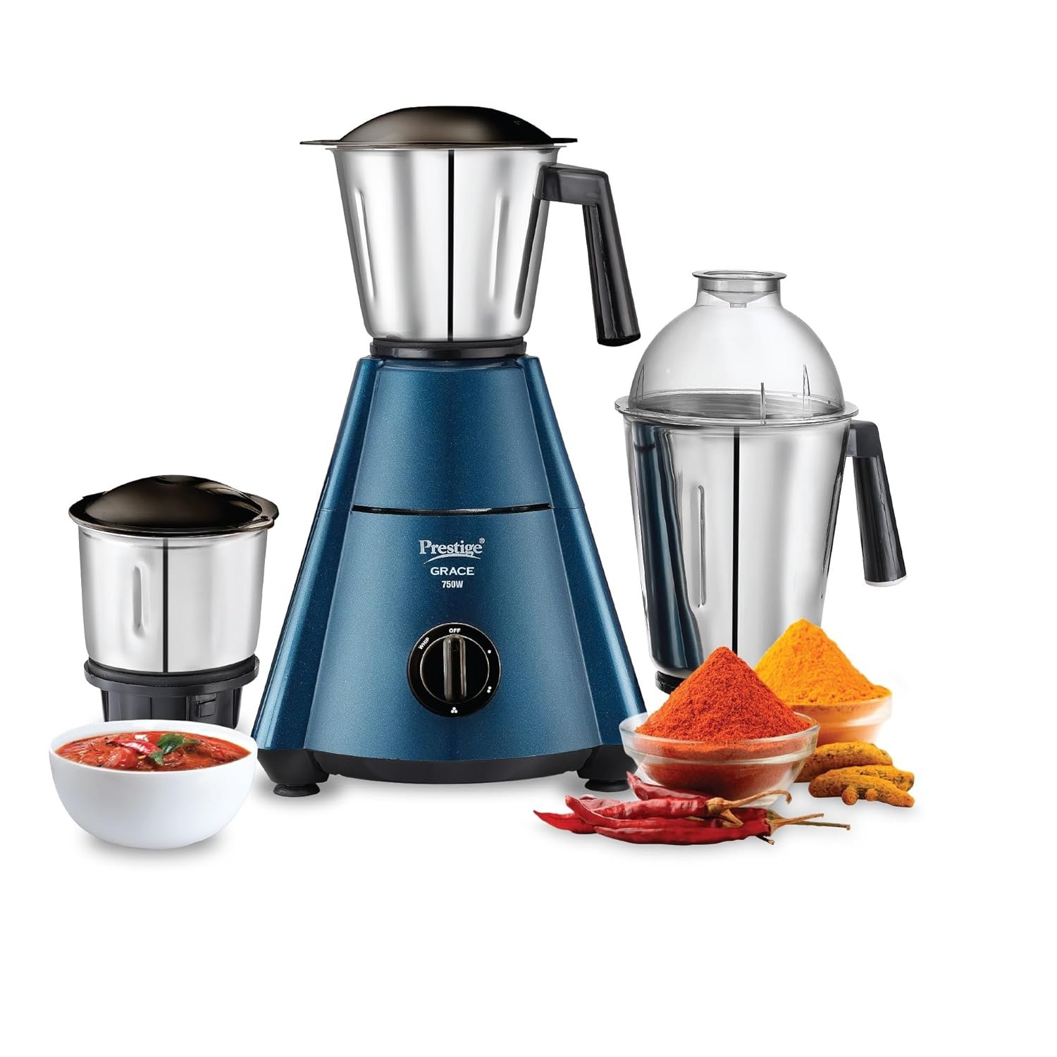 Prestige Grace 750W Mixer Grinder with 3 Stainless Steel Jars|3 Super Efficient Blades|Sturdy Handles|Dome Shaped Lid|Blue & Black